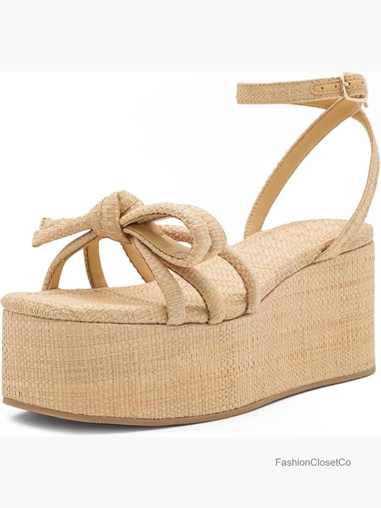 Raffia Platform Sandals Bow Ankle Strappy Espadrille Wedges Comfortable Square